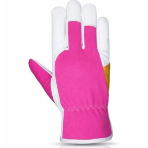 high visibility pink assembly work gloves back view goatskin leather