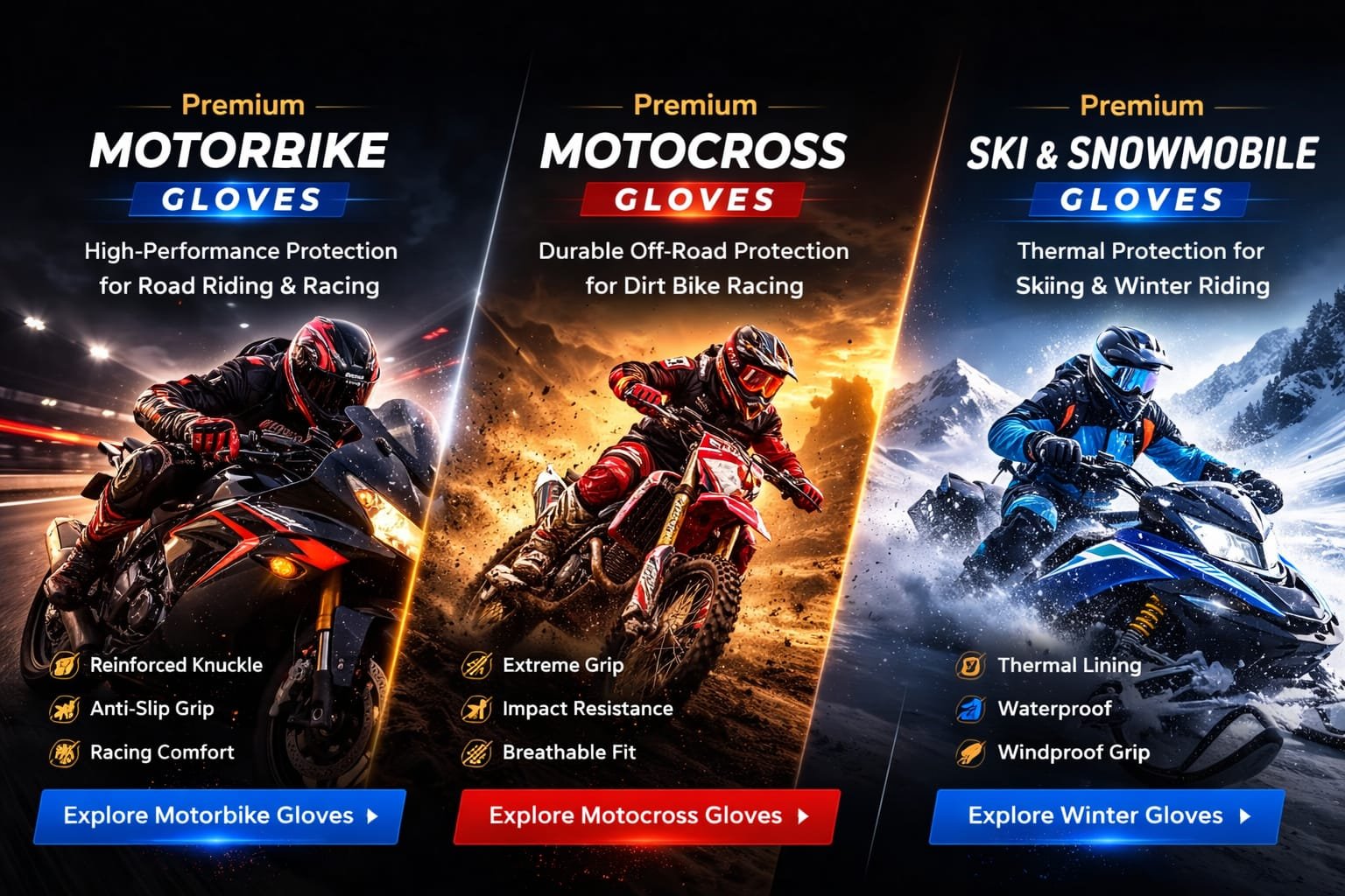 Premium motorbike motocross ski and snowmobile gloves for road riding off road racing and winter sports protection