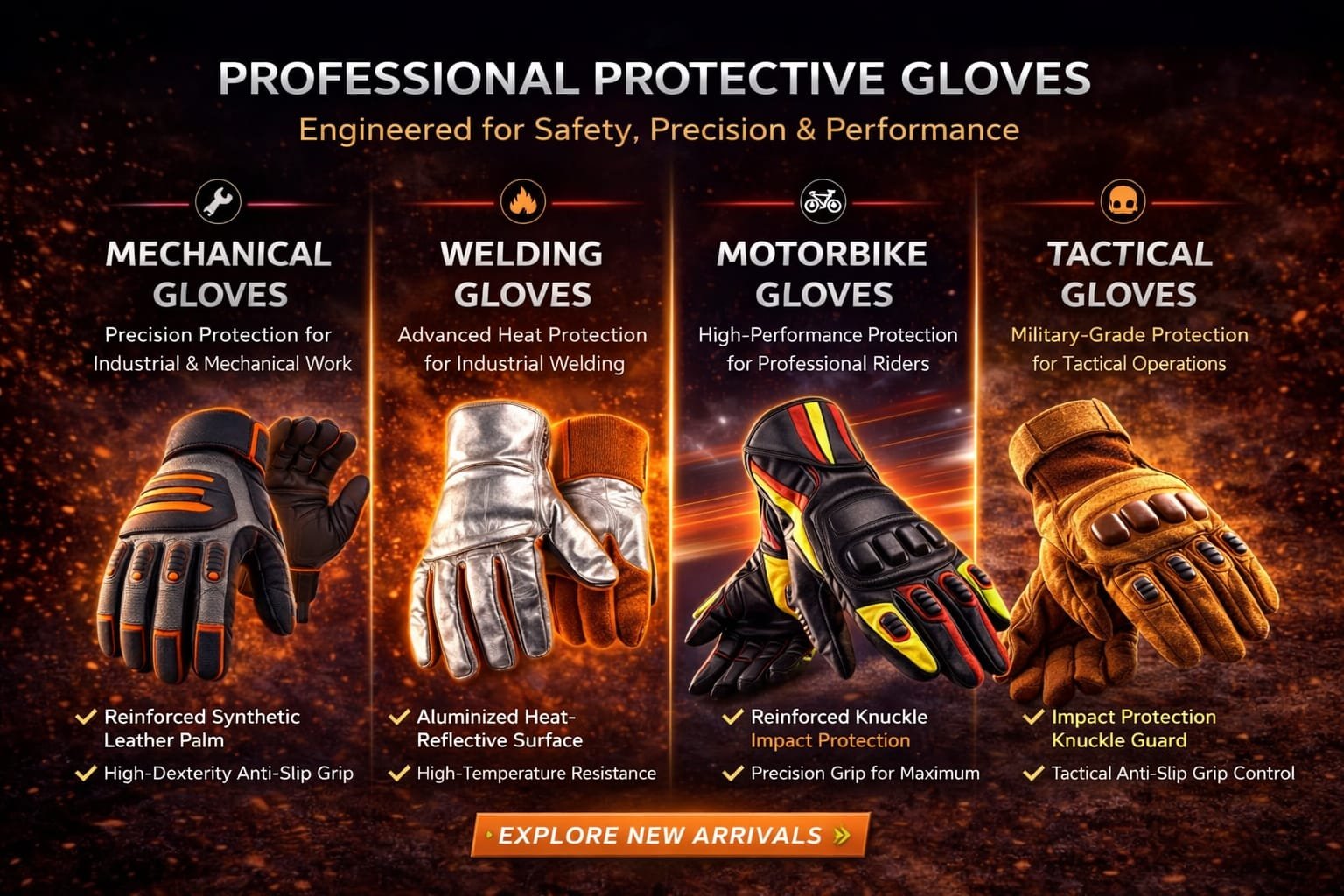 Professional protective gloves including mechanical gloves, welding gloves, motorbike gloves and tactical gloves engineered for industrial safety and performance.