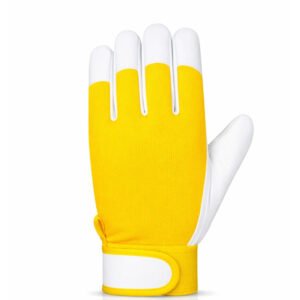 sheepskin assembly work gloves back view with cotton back and Velcro closure