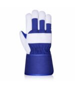 blue white leather work gloves double palm long safety cuff back view