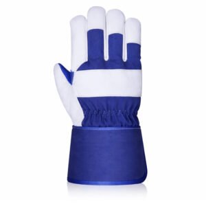 blue white leather work gloves double palm long safety cuff back view