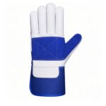 blue white leather work gloves double palm long safety cuff front view