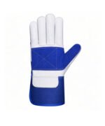 blue white leather work gloves double palm long safety cuff front view