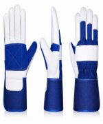 blue white leather work gloves double palm long safety cuff multiple views
