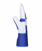 blue white leather work gloves double palm long safety cuff side view