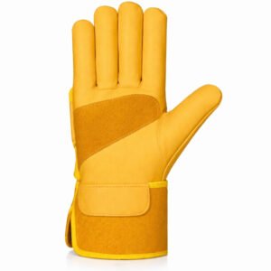 Canadian rigger gloves cowhide leather palm patch front view with safety cuff yellow