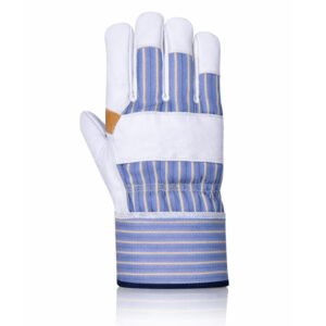 Canadian rigger gloves cowhide leather back view with striped cotton fabric and safety cuff