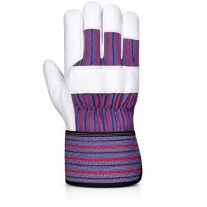 Back view of goatskin Canadian rigger gloves with 3M Thinsulate insulation and striped cotton safety cuff