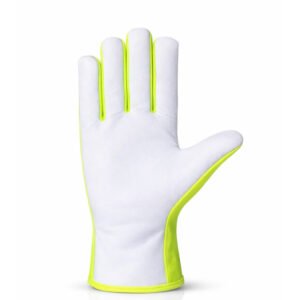 high visibility goatskin assembly work gloves leather palm front view smooth grip industrial gloves