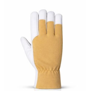 Back view of sheepskin assembly work gloves with breathable fabric back and elastic wrist