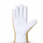 Front view of sheepskin assembly work gloves with smooth leather palm and fabric back