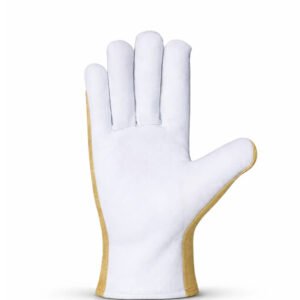 Front view of sheepskin assembly work gloves with smooth leather palm and fabric back