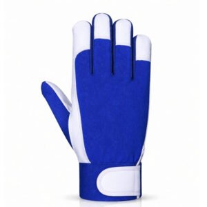 blue sheepskin leather assembly work gloves back view with breathable fabric back and velcro wrist closure