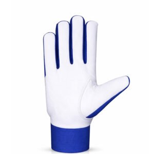 blue sheepskin leather assembly work gloves front view with leather palm and velcro wrist closure