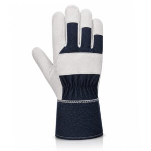 Canadian rigger gloves back view made from white split cowhide leather with black denim fabric back and safety cuff.