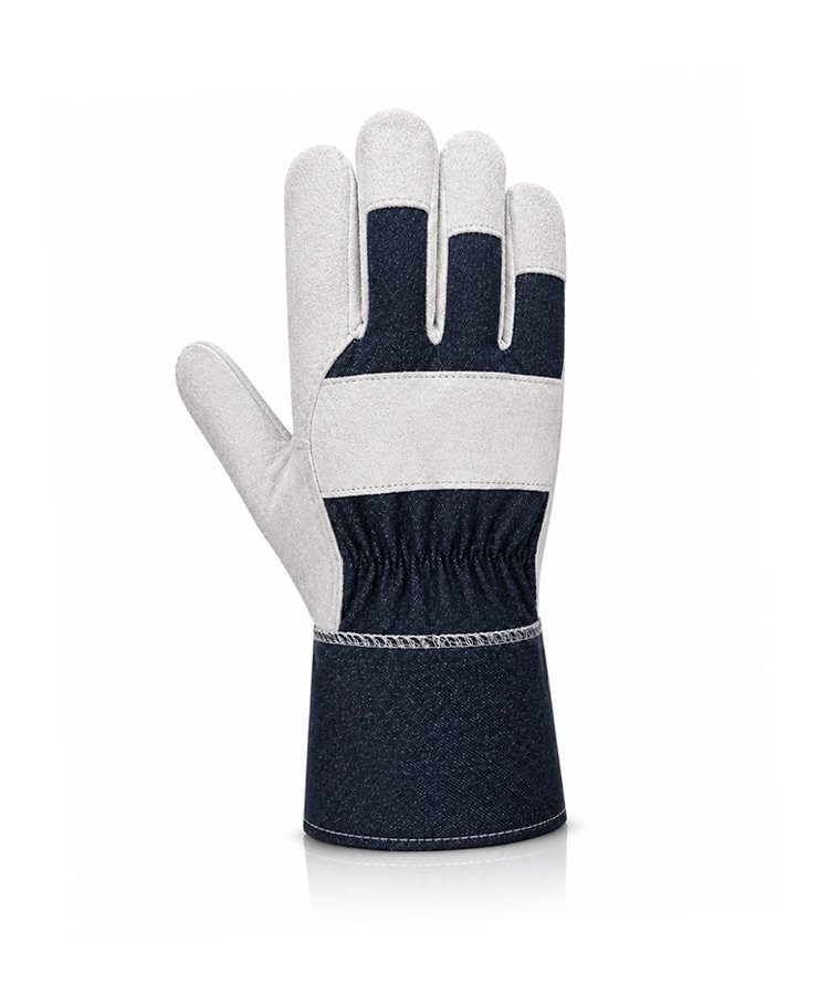 Canadian Rigger Gloves Split Cowhide White Black Denim Cuff Back View Canadian rigger gloves back view made from white split cowhide leather with black denim fabric back and safety cuff.