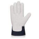 Canadian rigger gloves front view made from white split cowhide leather with black denim cuff and reinforced palm construction.