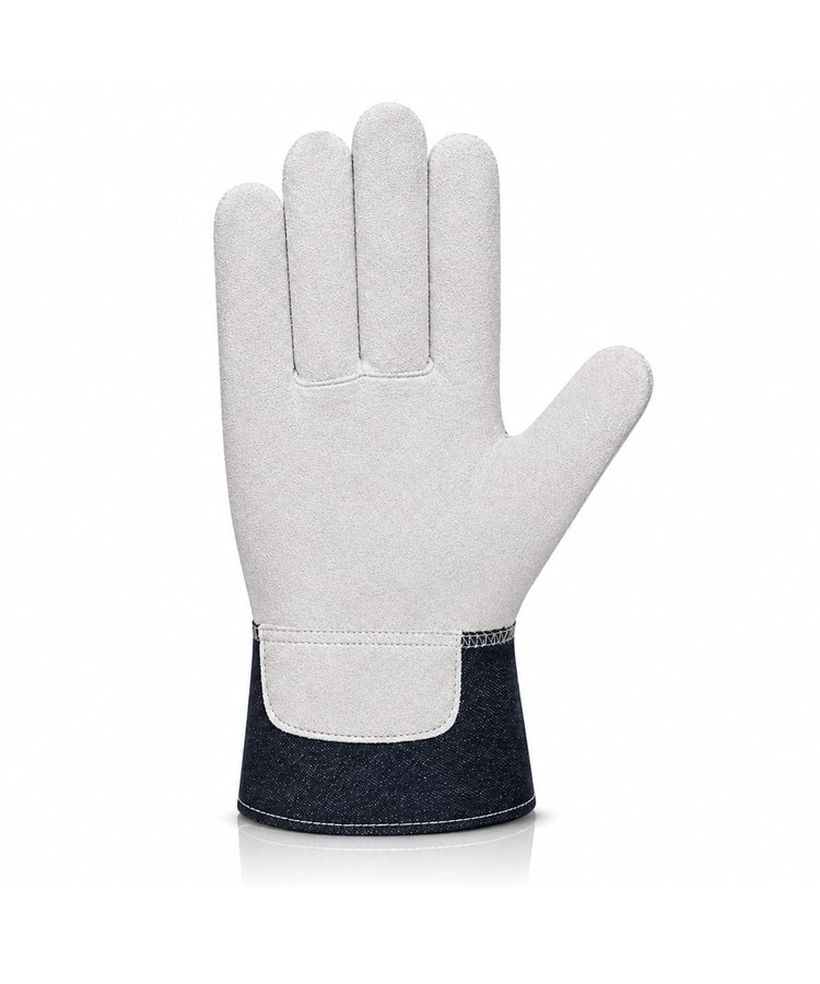 Canadian Rigger Gloves Split Cowhide White Black Denim Cuff Front View Canadian rigger gloves front view made from white split cowhide leather with black denim cuff and reinforced palm construction.