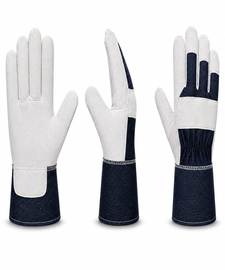 Canadian Rigger Gloves Split Cowhide White Black Denim Cuff Multi View Canadian rigger gloves multi view showing front, side and back perspectives made from white split cowhide leather with black denim cuff.