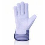 Canadian rigger gloves white split cowhide leather blue striped safety cuff front view