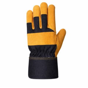 Canadian rigger gloves yellow black split cowhide leather long safety cuff back view