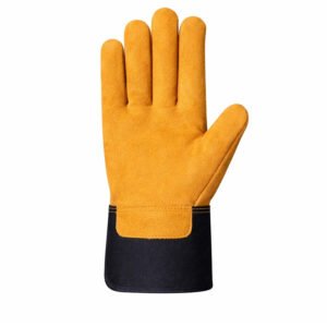 Canadian rigger gloves yellow black split cowhide leather long safety cuff front view