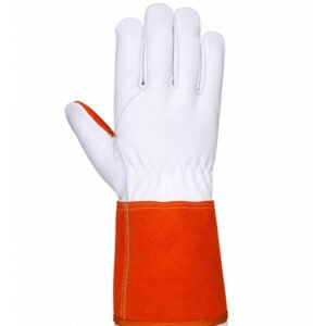 Back view of buffalo grain cowhide split welding gloves with long protective cuff