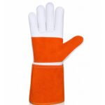 Front view of buffalo grain cowhide split welding gloves with long protective cuff