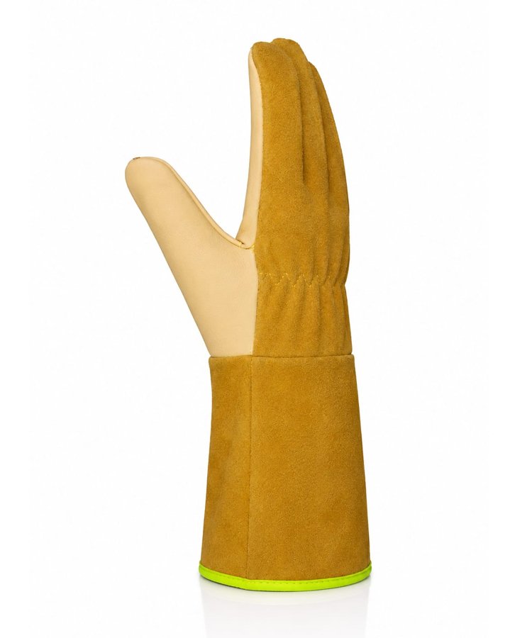 Buffalo Grain Leather Welding Gloves Long Cuff Side View Side view of buffalo grain leather welding gloves with long protective cuff