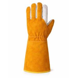 Cowhide grain leather welding gloves back view with split leather safety cuff