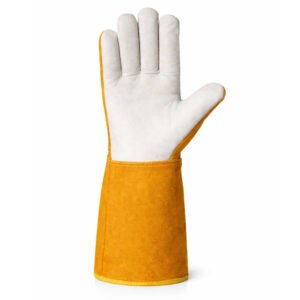 Cowhide grain leather welding gloves front view with split leather safety cuff