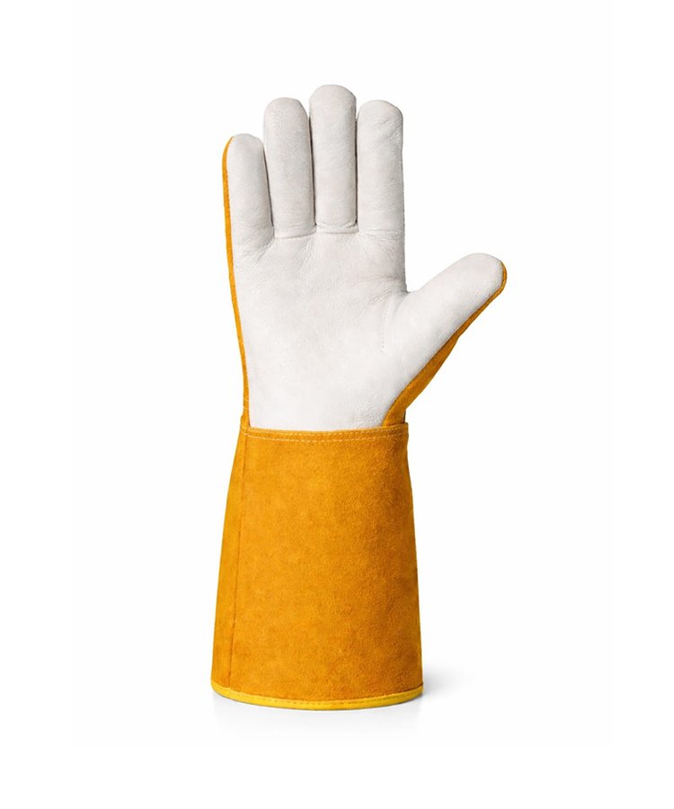 Cowhide Grain Leather Welding Gloves Split Cuff Front View Cowhide grain leather welding gloves front view with split leather safety cuff