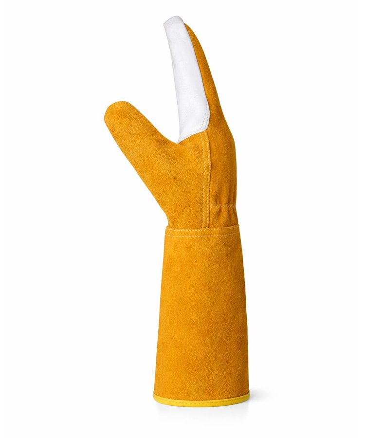 Cowhide Grain Leather Welding Gloves Split Cuff Side View Cowhide grain leather welding gloves side view with wing thumb and split leather cuff