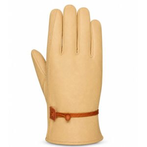 Back view cow grain leather driver gloves with cowhide split leather palm patch and button wrist closure