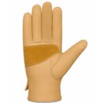Front view cow grain leather driver gloves with cowhide split leather palm patch and button wrist closure