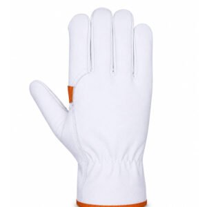 Orange goat grain leather driver gloves with cowhide split palm patch back view