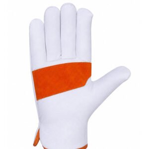 Orange goat grain leather driver gloves with cowhide split palm patch front view