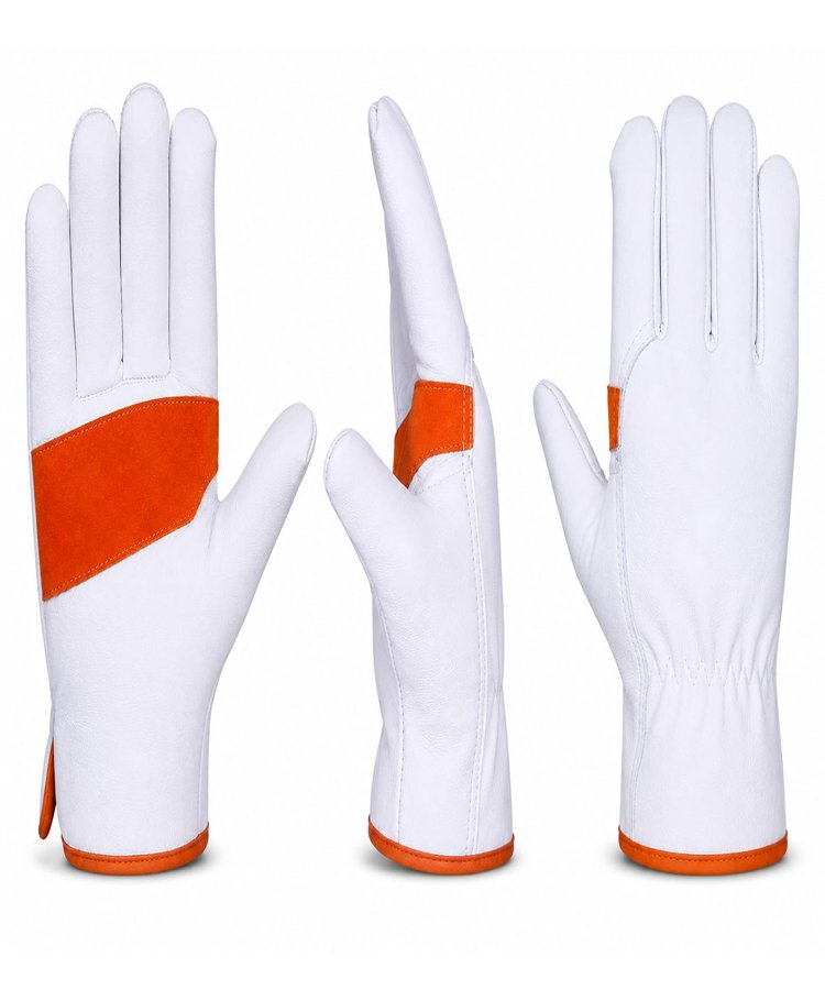 Orange Goat Grain Leather Driver Gloves Multi View Orange goat grain leather driver gloves with cowhide split palm patch multi view