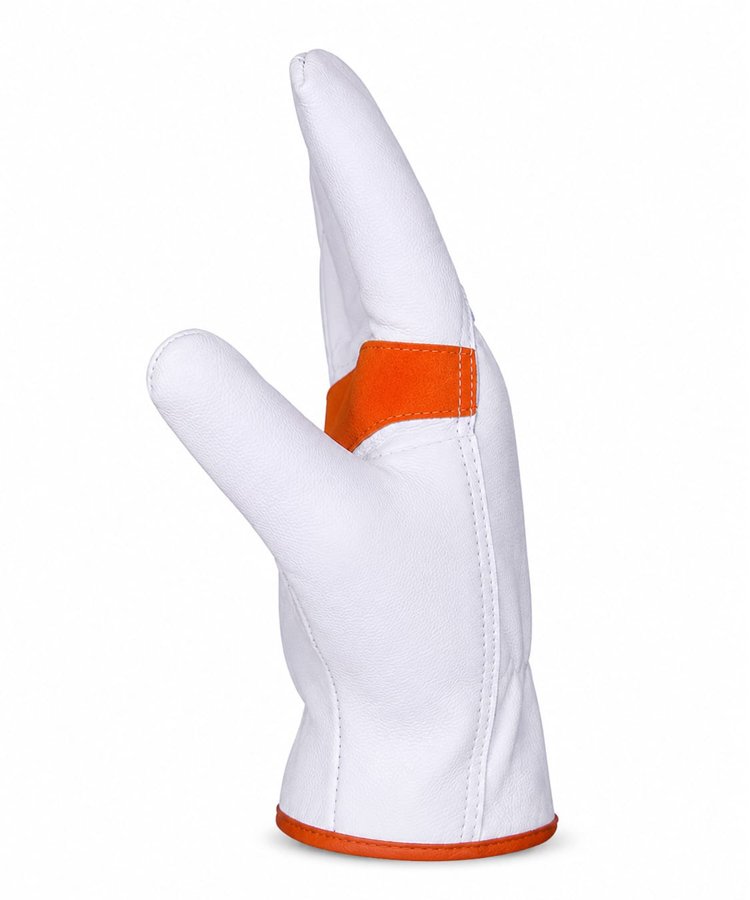 Orange Goat Grain Leather Driver Gloves Side View Orange goat grain leather driver gloves with cowhide split palm patch side view
