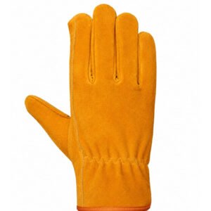 Back view of dyed cowhide split leather keystone thumb work gloves with elastic wrist
