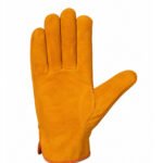Front view of dyed cowhide split leather keystone thumb work gloves with elastic wrist