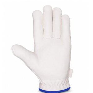 Front view of dyed grain leather driver gloves with hook and loop cuff