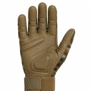 Elite camouflage combat tactical gloves front view with reinforced palm grip zones and ergonomic tactical construction