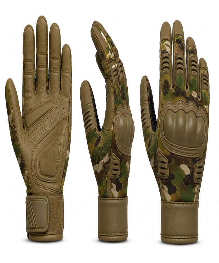 Elite Camouflage Combat Tactical Gloves Multi View Elite camouflage combat tactical gloves multi view showing front palm, side profile, and hard knuckle backhand protection