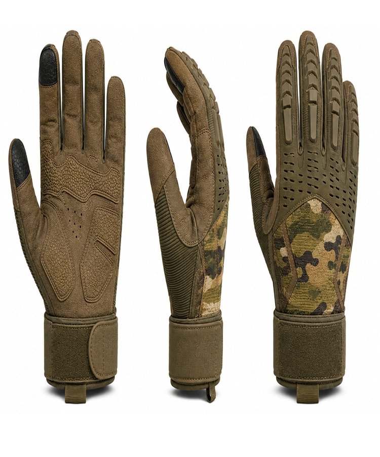Elite Camouflage Tactical Operations Gloves Multi View Elite camouflage tactical operations gloves multi view showing palm, side and back protection features