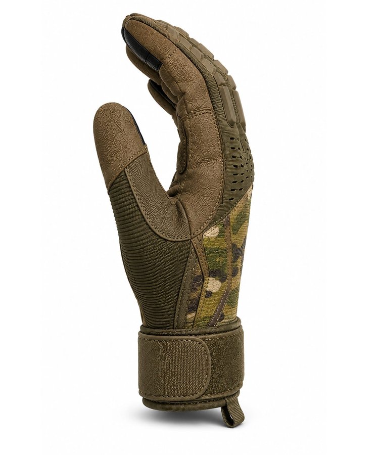 Elite Camouflage Tactical Operations Gloves Side View Elite camouflage tactical operations gloves side view with hard-shell knuckle protection and ergonomic tactical design