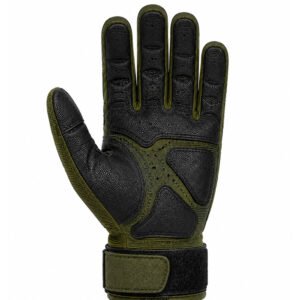 Elite Tactical Assault Gloves front view featuring reinforced synthetic leather palm, ergonomic grip zones, breathable perforations, and adjustable wrist closure