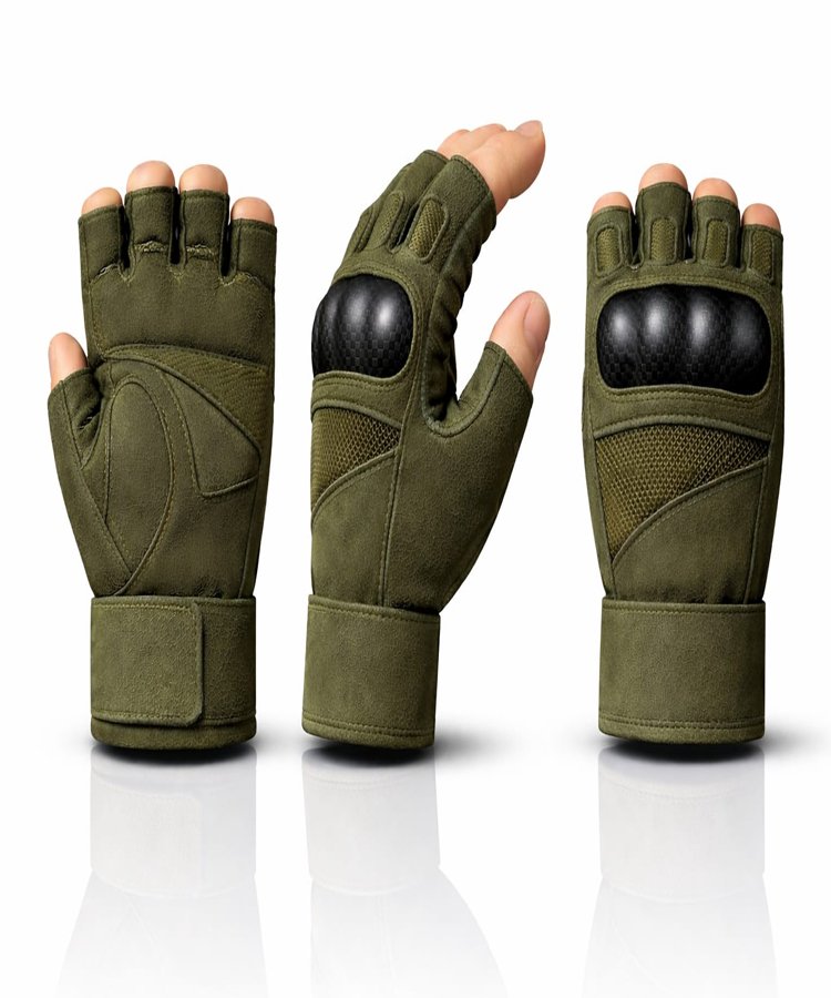 Fingerless Tactical Combat Gloves Multi View Fingerless tactical combat gloves multi view showing palm, side, and backhand construction