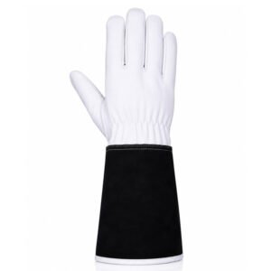 Back view of premium goat grain leather welding gloves with black protective welding cuff